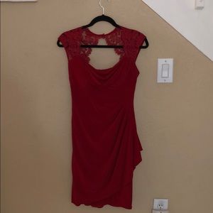 Cache red cocktail dress with red lace sleeves